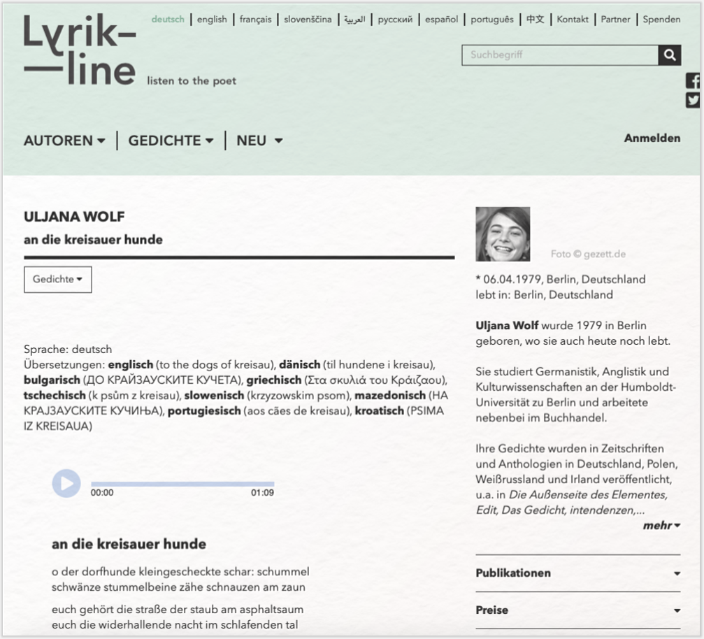 Lyrikline Ansicht eines Gedichtes und der Autorinnenseite von Uljana Wolf auf Lyrikline